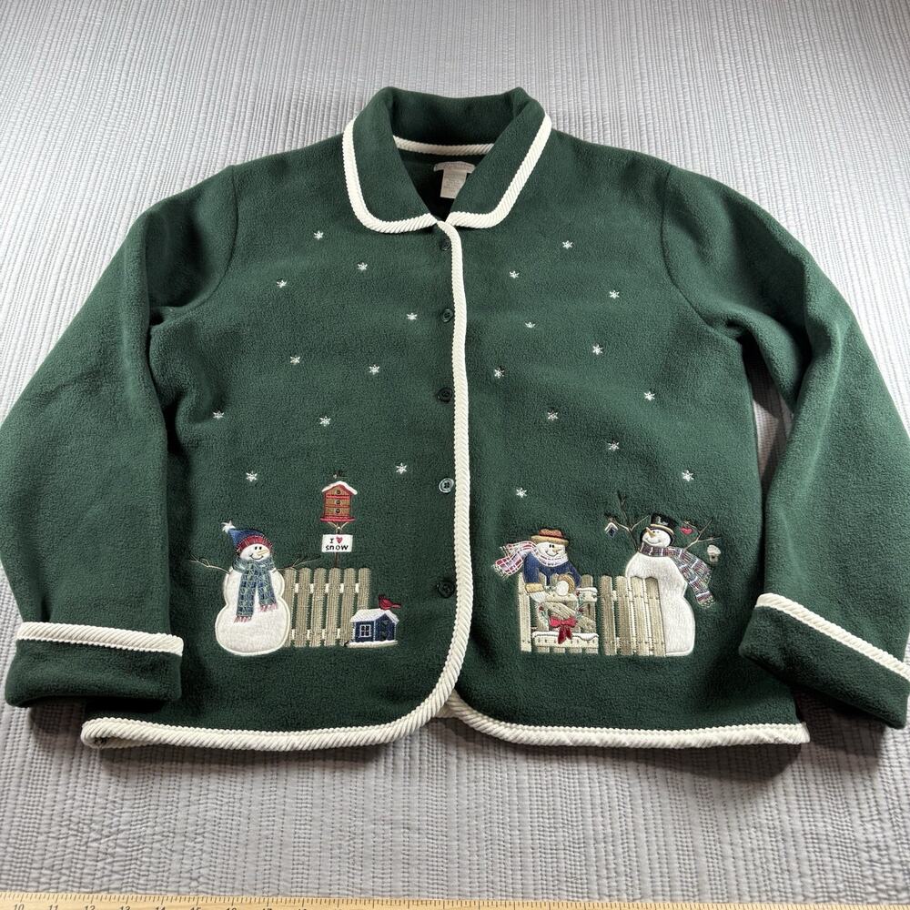 Christopher Banks Cardigan Sweater Holiday Women’s L Snowman Birdhouse Festive